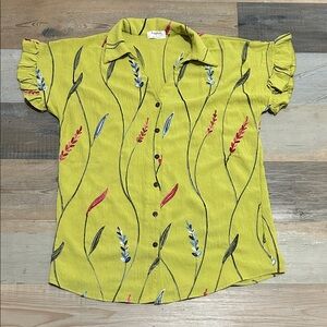 Anthropologie Sapphire Women’s Green Embroidery Ruffle Buttoned Blouse Sz L Chic